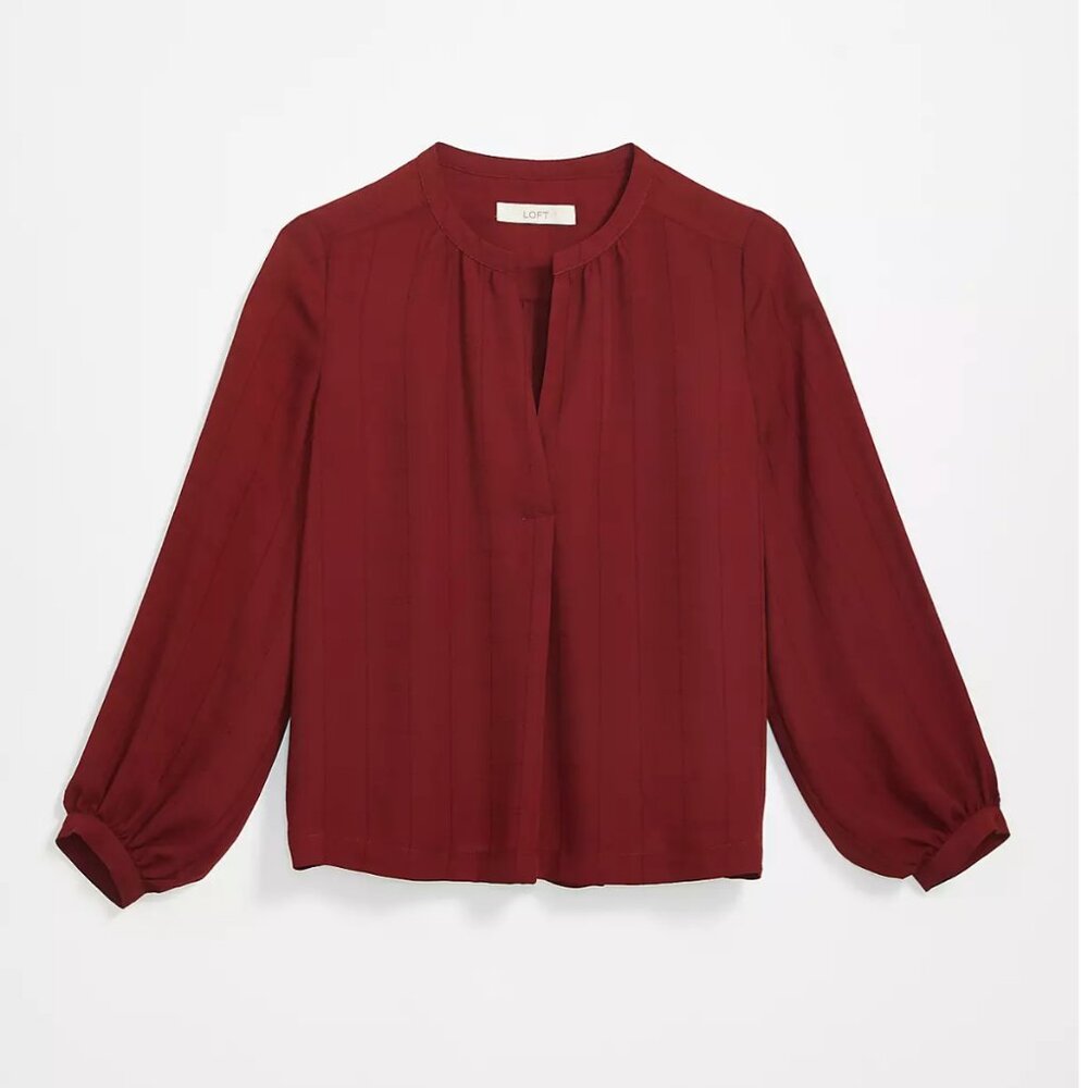 LOFT Striped Split Neck Blouse Burgundy